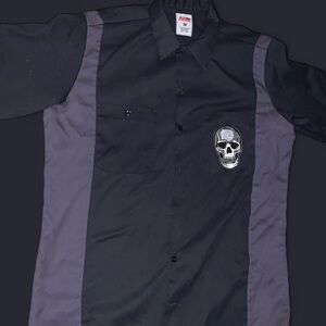 Black and grey Dickies work shirt with skull patch